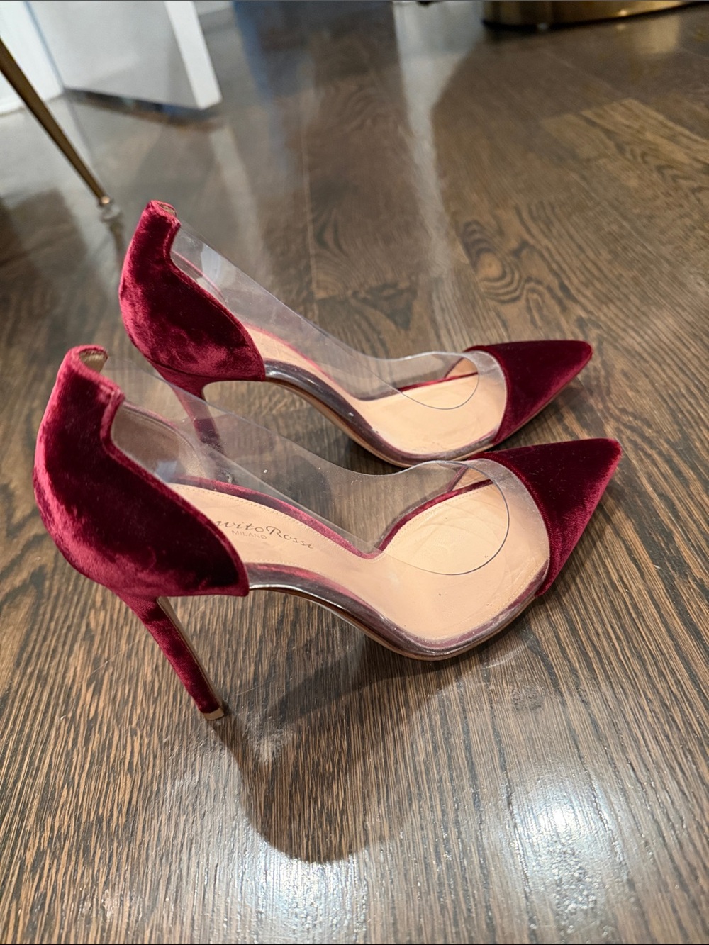 Gianvito Rossi Burgundy Velvet and Clear Panel Pointed Pumps - Picture 3 of 3